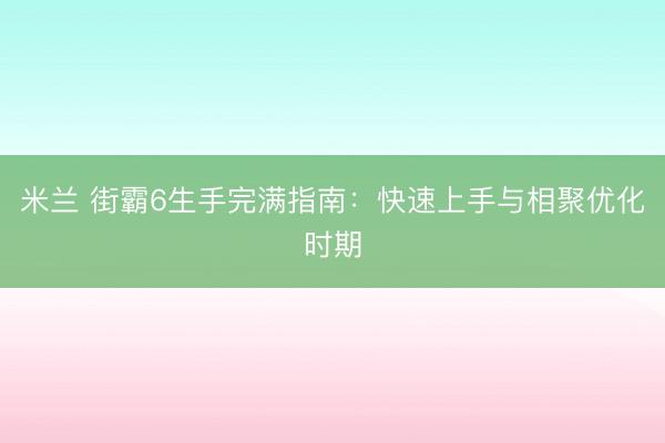 米兰 街霸6生手完满指南:快速上手与相聚优化时期